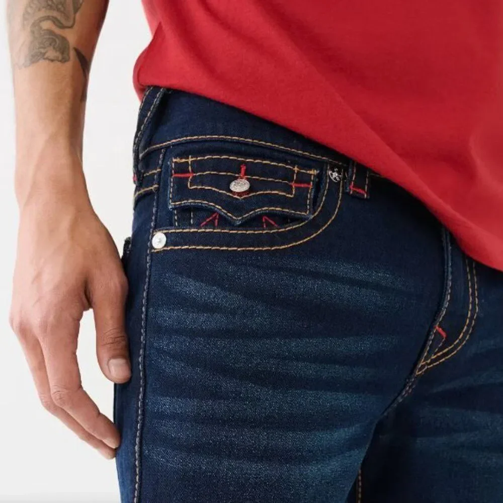 True Religion Men Jeans Blue ROCCO Big T Flap Relaxed Skinny $199 size 34 36 NEW
